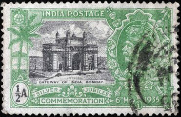 Gateway of India in Bombay on ancient postage stamp