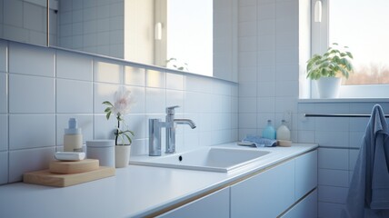 Fototapeta na wymiar Fragment of a modern luxury bathroom with white tile walls. White countertop with sink, chrome faucet and soap dispenser. Close-up. Contemporary interior design. 3D rendering.