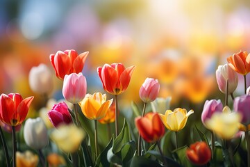 Beautiful bright multicolored tulips on a blurred colorful background