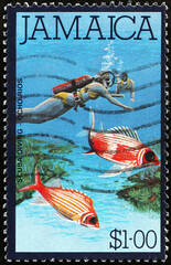 Scuba diving in Jamaica on postage stamp