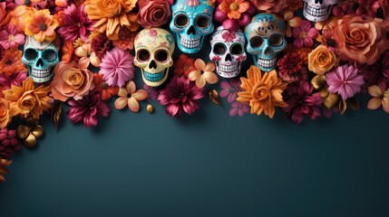Day of the dead dia de muertos a holiday honoring the dead, the souls of deceased relatives visit home skulls, skeletons, Halloween makeup. venerating the dead creatively beautiful . - obrazy, fototapety, plakaty