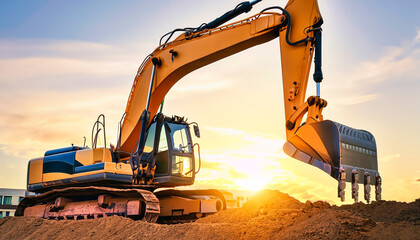 Big excavator against the backdrop of the setting sun