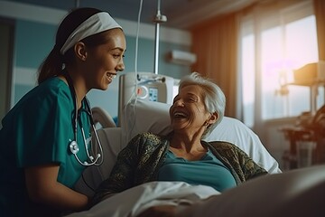 Nurse Caring for a Patient, compassionate healthcare worker, medical care in a hospital room, patient recovery, nursing duties - obrazy, fototapety, plakaty