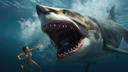 Giant shark attacks woman swimming with mouth open. generative AI - obrazy, fototapety, plakaty