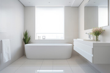 Fototapeta na wymiar A bathroom with a freestanding bathtub in white colors.