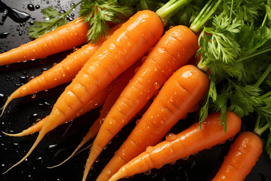 Fresh orange carrots with water drops background