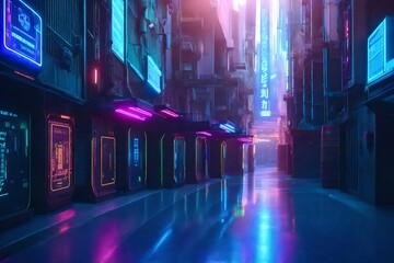Futuristic cyberpunk alleyway with holographic billboards