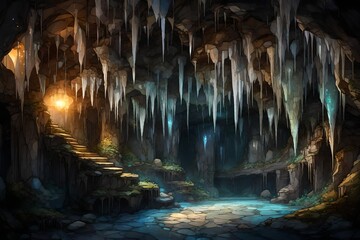 Subterranean crystal cave with shimmering stalactites - obrazy, fototapety, plakaty