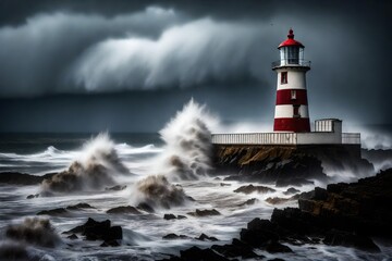 Deserted coastal lighthouse during a raging storm