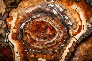 A close-up of a petrified wood cross-section, displaying the unique textures and colors formed over millennia.