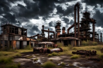 Abandoned industrial complex with rusty machinery under a stormy sky