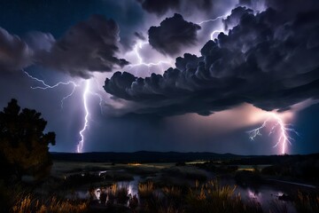 A dynamic lightning storm illuminating a dramatic night sky.