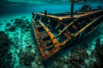 The textured surface of a rusty shipwreck submerged in clear, blue water, attracting marine life. - obrazy, fototapety, plakaty