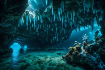 A surreal underwater cave with bioluminescent creatures and crystal formations.