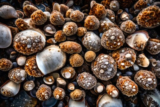 A cluster of barnacles on a rocky shore, showcasing their rough and textured shells.