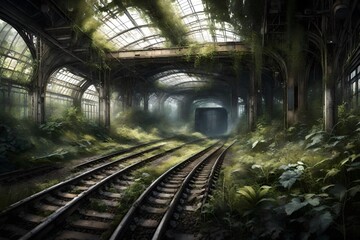 Fototapeta na wymiar Overgrown railway station in a post-apocalyptic world