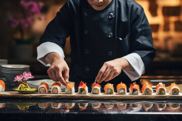 A sushi chef serves sushi in a luxury restaurant