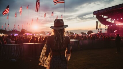 Back of woman at country music festival - obrazy, fototapety, plakaty