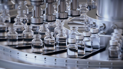 3d render. Pharmaceutical manufacture background with glass bottles with clear liquid on automatic...