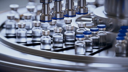 3d render, conveyor with the glass jars, modern pharmaceutical factory. Closeup of ampules are being filled with vaccine and closed with blue caps. Medical wallpaper - obrazy, fototapety, plakaty