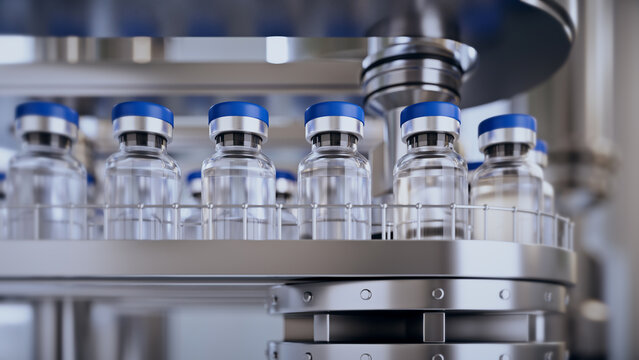 3d render. Pharmaceutical manufacture background with glass bottles with clear liquid on automatic conveyor line. COVID-19 mRNA vaccine production platform