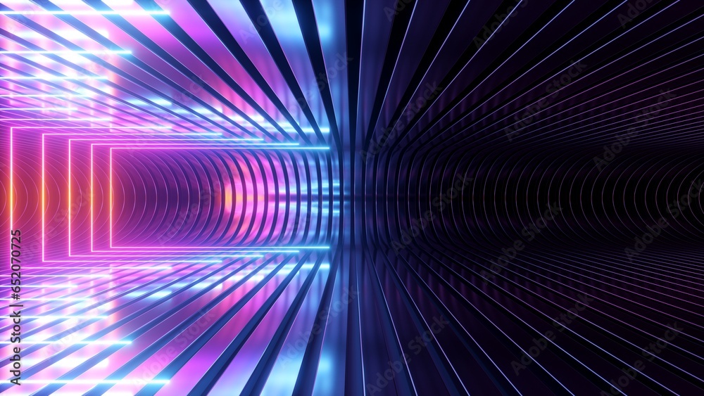 Poster 3d render. abstract futuristic neon background. empty room inside the virtual space, illuminated wit