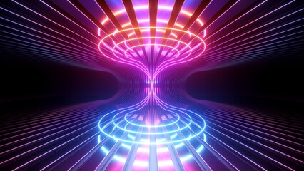 3d render. Abstract futuristic neon background. Holographic linear shape glowing inside the virtual cyber space. Ultraviolet wallpaper - obrazy, fototapety, plakaty