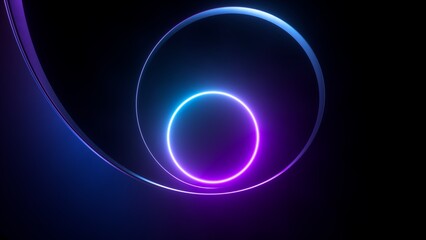 3d render, abstract minimalist geometric background. Glowing pink blue neon ring inside the dark tunnel. Futuristic wallpaper