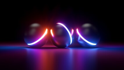 3d render, abstract background in retrofuturism style. Balls with glowing neon lines in dark room, floor reflection. Fantastic wallpaper - obrazy, fototapety, plakaty