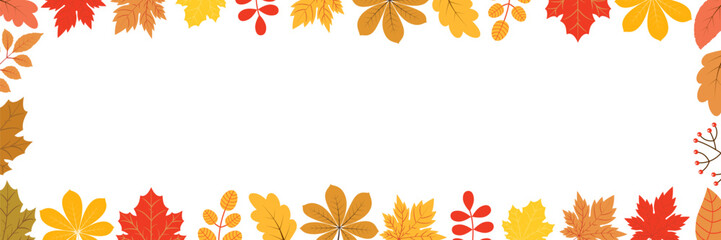 Autumn horizontal vector background border with colorful fall leaves in red, orange yellow and brown colors for banner, frame or product design - 652070932
