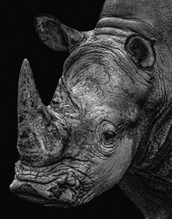 Face of an endangered rhino. Photographic art with a photo of a white rhino with a black background.