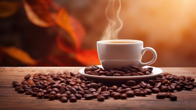 Cup hot coffee on wooden table blurred background. AI generated
