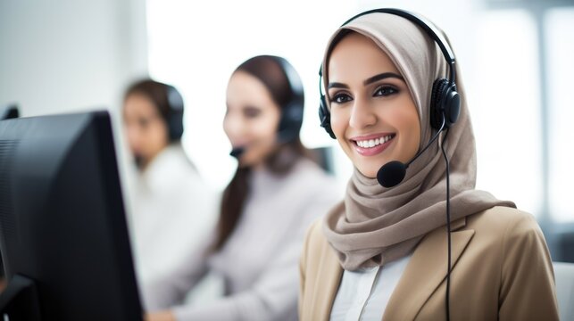 A muslim woman in jijab is wearing a headset. Call center operator working in call center.