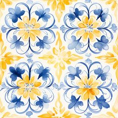 Fototapeta na wymiar Azulejo repeat seamless pattern background in watercolor and acrylic style
