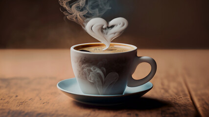 Xicara de café em cima de uma mesa com fumacinha saindo dela em formato de coração 4363