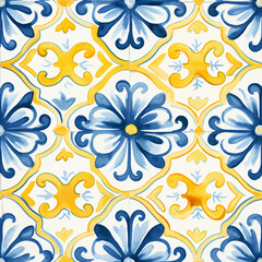 Fototapeta na wymiar Azulejo repeat seamless pattern background in watercolor and acrylic style