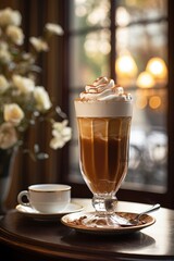 A cup of coffee on a table next to a vase of flowers. Fictional image. Brown butter flavor.