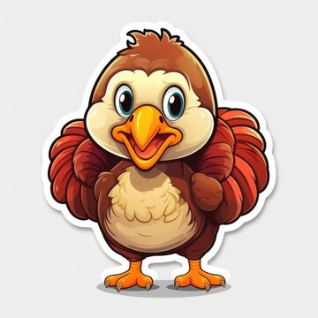 A sticker of a cartoon bird with big eyes. Digital art. Cute Thanksgiving turkey.