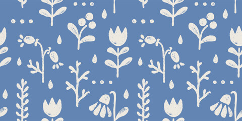 Vector vintage floral seamless pattern in scandinavian style. Retro seamless pattern with grunge flowers and berries.