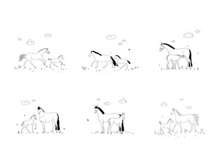 Set of scenes, horse mothers with their foals, vector illustration