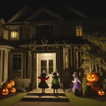 Children in costumes approach the door of a house with a garden on Halloween night.