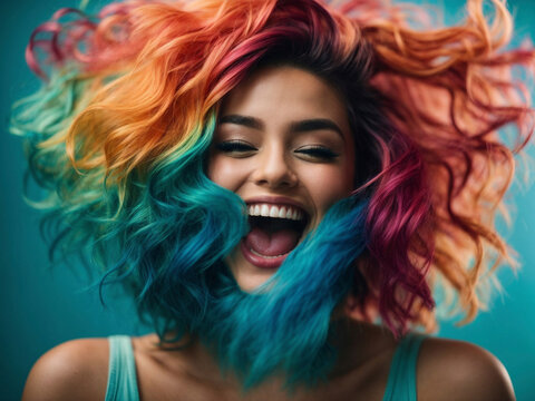Happy young woman with hair dyed in many colors, laughs and screams with joy.