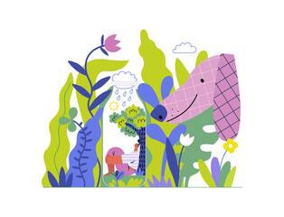 Greenery, ecology -modern flat vector concept illustration of a man in teh bottle, his ecosystem. Dog in a park. Metaphor of environmental sustainability and protection, closeness to nature