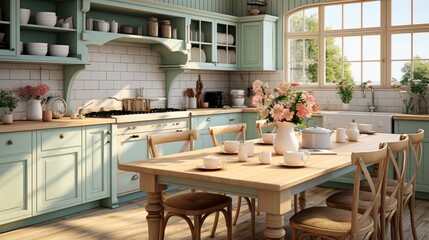 Interior of cozy vintage country style kitchen. Wooden dining table and chairs, pistachio facades, glass cabinets and open shelves with crockery, flowers in a vase. Contemporary home design.