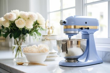 Fragment of white kitchen with a window and golden faucet on the background. Blue planetary mixer with stainless steel bowl, cups with ingredients and bouquet of white roses in a glass vase. Close-up. - obrazy, fototapety, plakaty