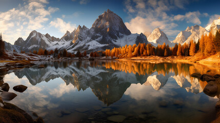 autumn landscape with mountains in the background reflecting in a peaceful lake - generative AI