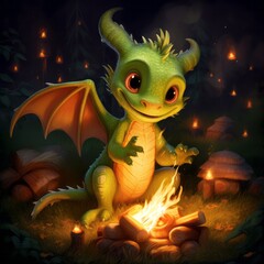 Cute happy mischievous young green dragon, fantasy illustration, playful, outdoors, forest setting. Generative AI.

