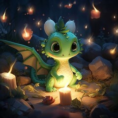 Cute happy mischievous young green dragon, fantasy illustration, playful, outdoors, forest setting. Generative AI.

