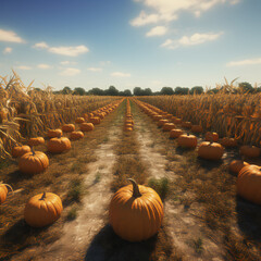 A large orange Pumpkin sitting on a pile of hay in a hayfield on a farm 