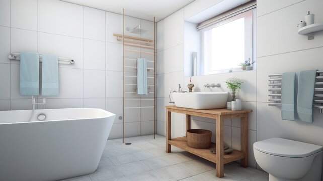 Interior of modern luxury scandi bathroom with window and white walls. Free standing bathtub, wash basin on wooden countertop, rectangular wall mirror. Contemporary home design. 3D rendering.